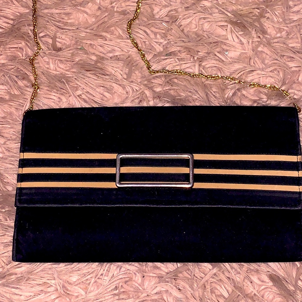 Cute black velvet clutch with gold link strap